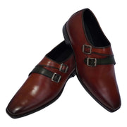 Handmade Men's Brown Patina Leather Double Monk Shoes