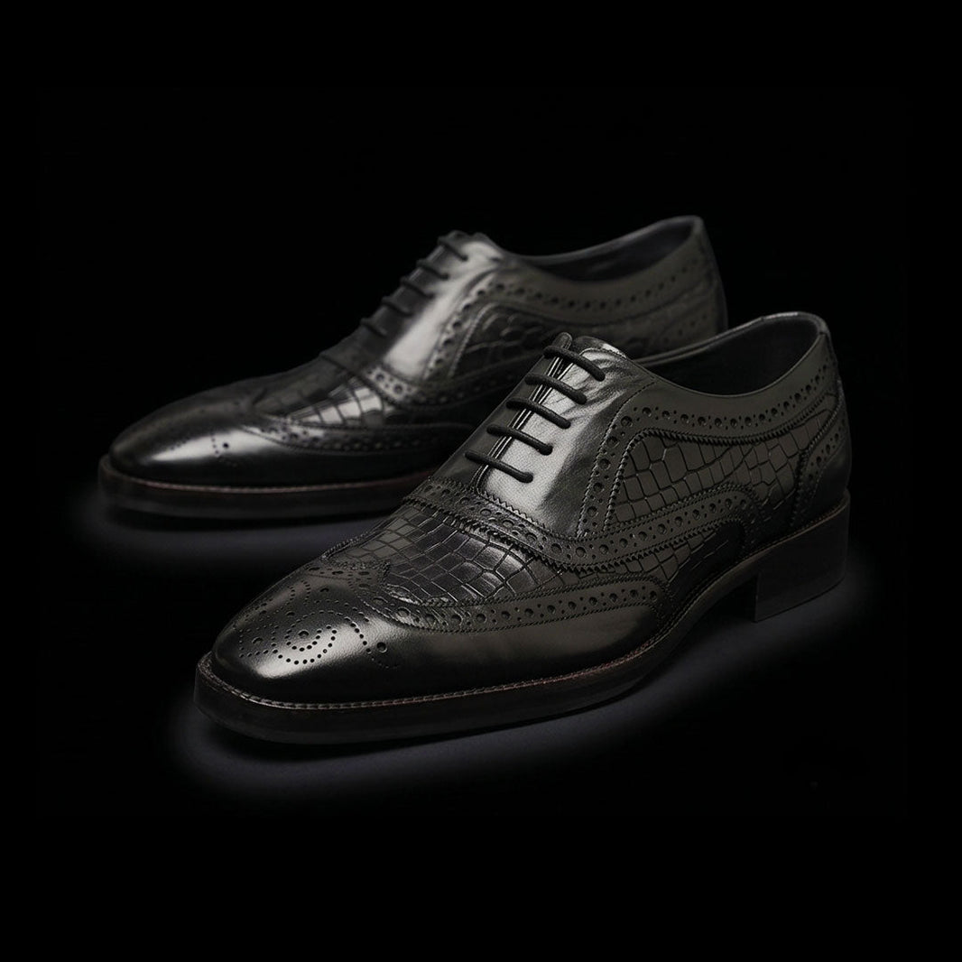 Firenze Wingtip Brogue Oxford- Croc Black