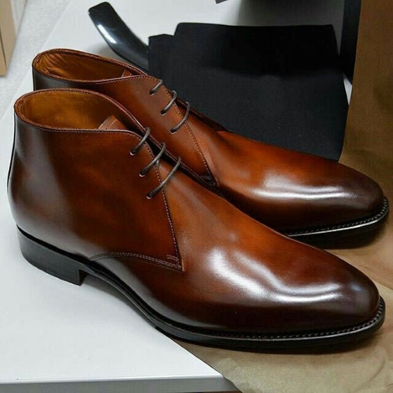 Handmade Men's Brown Leather Ankle High Chukka Boots - LEATHERSHOE