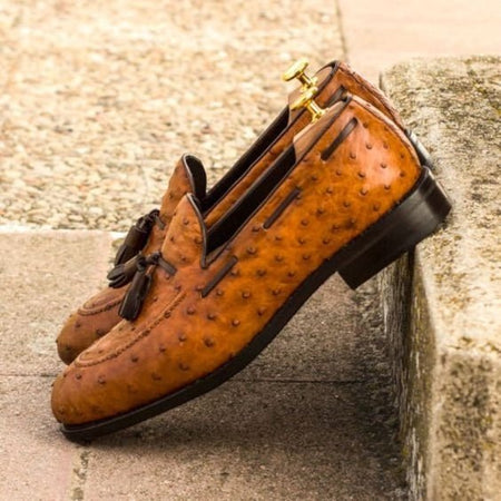 Handmade Men's Tan Brown Ostrich Leather Tassel Loafers - LEATHERSHOE