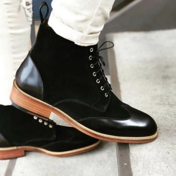 Men's Black Leather & Suede Ankle High Casual Boots - LEATHERSHOE
