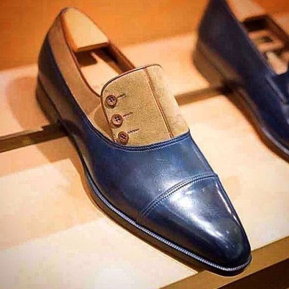 Men's Blue & Brown Suede Leather Button Shoes - LEATHERSHOE