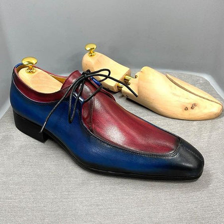 Men's Blue & Burgundy Hand Painted Leather Shoes - LEATHERSHOE
