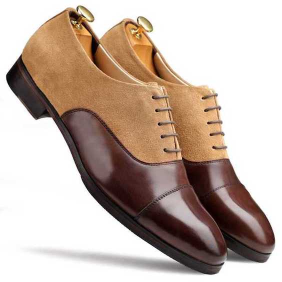 Men's Brown - Beige Suede Leather Cap Toe Dress Shoes - LEATHERSHOE