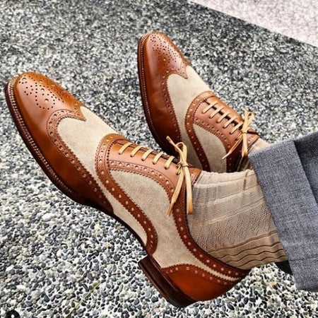 Men's Brown & Beige Suede Leather Wingtip Spectator Shoes - LEATHERSHOE