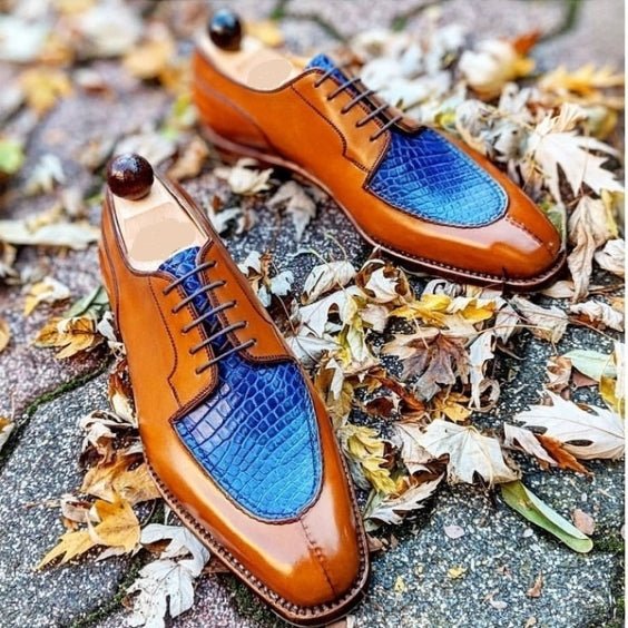 Men's Brown & Blue Leather Luxury Oxford Shoes - LEATHERSHOE