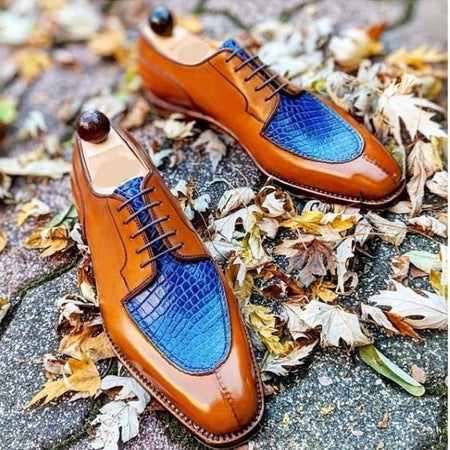 Men's Brown & Blue Leather Luxury Oxford Shoes - LEATHERSHOE