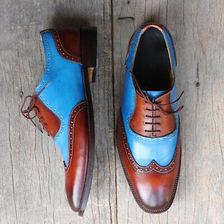 Men's Brown & Blue Leather Wingtip Oxford Shoes - LEATHERSHOE