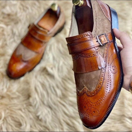 Men's Brown Brogue Wingtip Monk Shoes - LEATHERSHOE