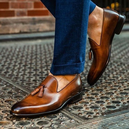 Men's Brown Leather Chaplin Tassel Loafers - LEATHERSHOE