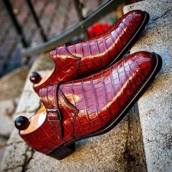 Men's Brown Patina Alligator Leather Monk Buckle Shoes - LEATHERSHOE
