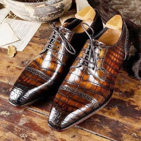 Men's Brown Patina Alligator Leather Oxford Shoes - LEATHERSHOE