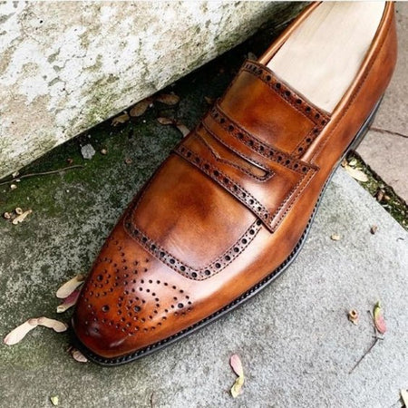 Men's Brown Patina Leather Brogue Penny Loafers - LEATHERSHOE