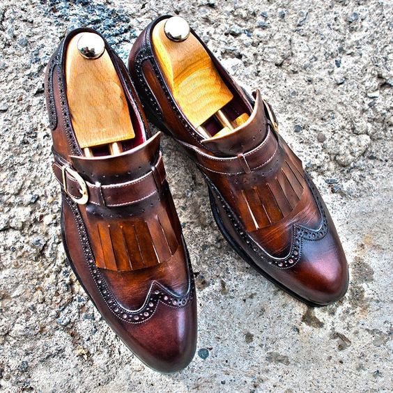 Men's Brown Patina Leather Fringed Wingtip Shoes - LEATHERSHOE