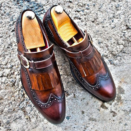 Men's Brown Patina Leather Fringed Wingtip Shoes - LEATHERSHOE