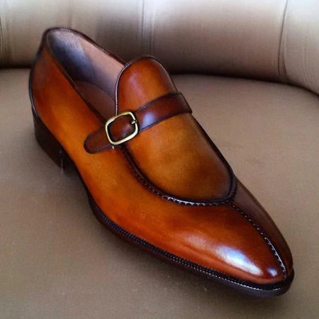 Men's Brown Patina Leather Monk Buckle Loafers - LEATHERSHOE