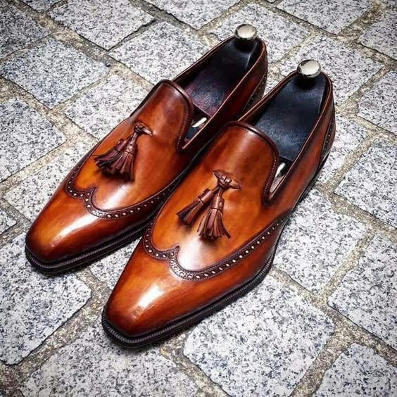 Men's Brown Patina Leather Wingtip Oxford Tassel Loafers - LEATHERSHOE