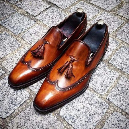 Men's Brown Patina Leather Wingtip Oxford Tassel Loafers - LEATHERSHOE
