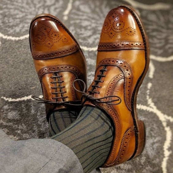 Men's Brown Royal Patina Leather Oxford Brogue Dress Shoes - LEATHERSHOE