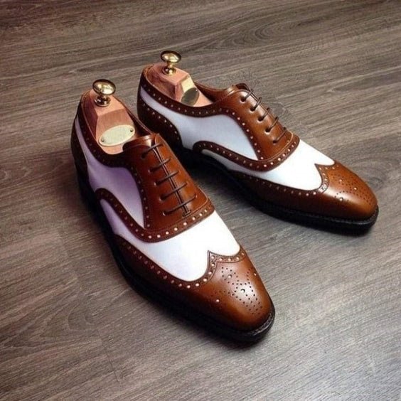 Men's Brown & White Leather Wingtip Spectator Shoes - LEATHERSHOE