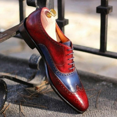 Reggio Emilia Burgundy & Blue Leather Wingtip Oxford Shoes