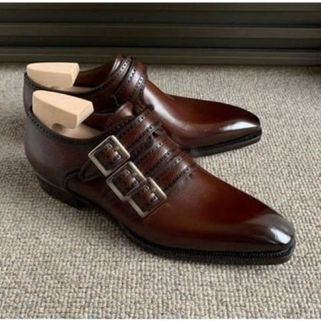 Men's Dark Brown Patina Leather Triple Monk Shoes - LEATHERSHOE
