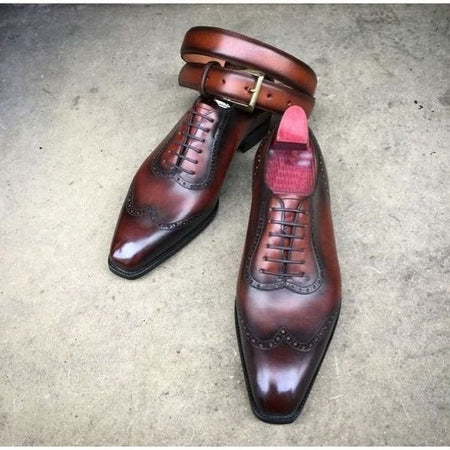 Men's Genuine Brown Leather Wingtip Oxford Shoes - LEATHERSHOE