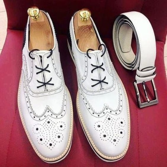 Men's Luxury White & Black Leather Wingtip Oxford Shoes - LEATHERSHOE
