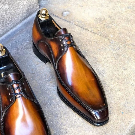 Men's Tan Brown Patina Leather Derby Shoes - LEATHERSHOE
