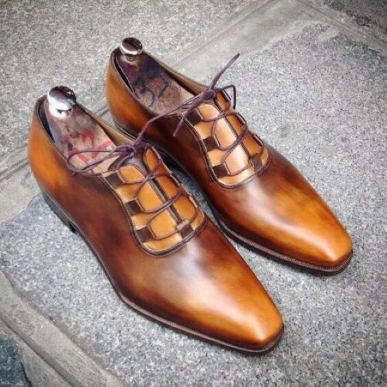 Men's Tan Patina Leather Luxury Dress Shoes - LEATHERSHOE
