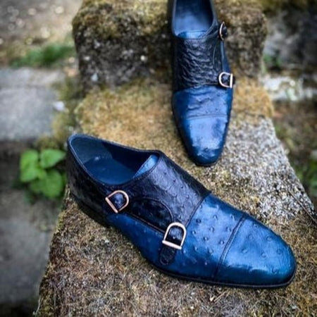 Men's Two Tone Blue Ostrich Impression Leather Oxford Shoes - LEATHERSHOE