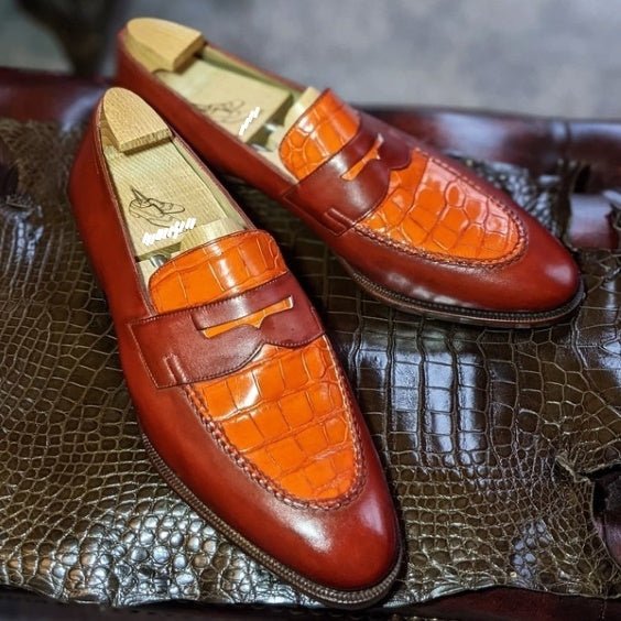 Men's Two Tone Tan Brown Alligator Leather Penny Loafers - LEATHERSHOE