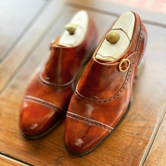 Handmade Men's Brown Leather Monk Buckle Shoes