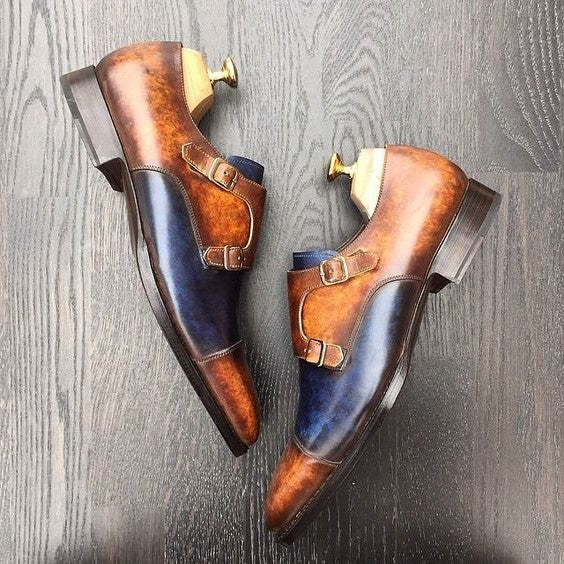 Men's Brown & Blue Patina Leather Double Monk Shoes