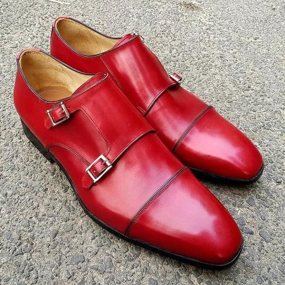 Men's Luxury Red Leather Double Monk Formal Shoes