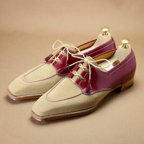 Men's Beige & Burgundy Suede Leather Dress Shoes