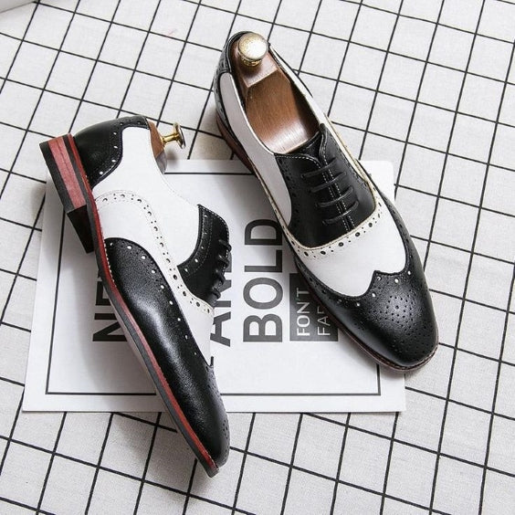 Men's Black & White Leather Wingtip Spectator Shoes