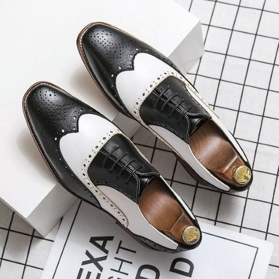 Men's Black & White Leather Wingtip Spectator Shoes