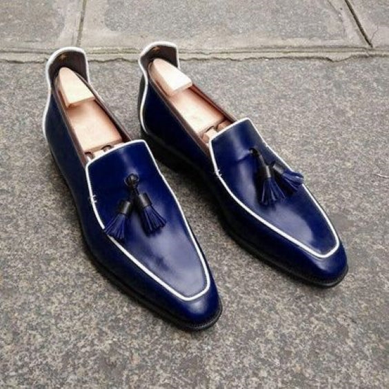 Men's Navy Blue Leather Tasseled Moccasin Loafers
