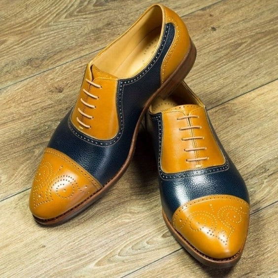 Men's Tan & Navy Blue Leather Brogue Cap Toe Oxford Shoes