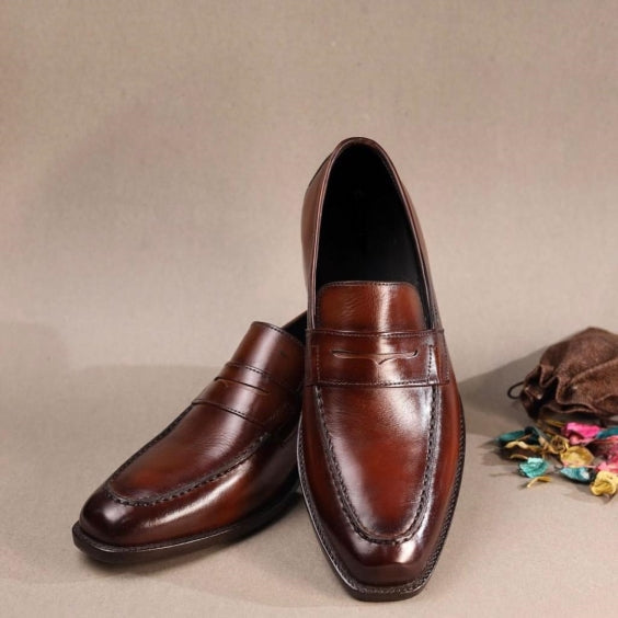 Men's Brown Patina Leather Penny Loafers