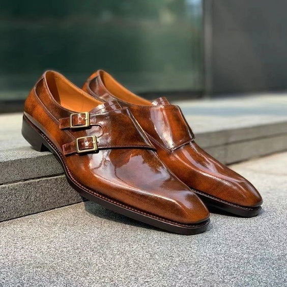 Men's Brown Patina Leather Double Monk Dress Shoes