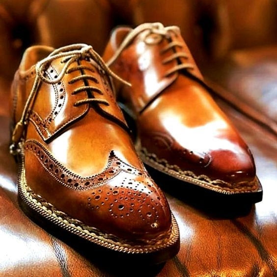 Men's Genuine Tan Leather Wingtip Oxford Shoes