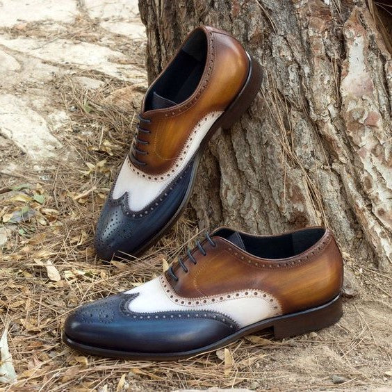 Men's Tri Tone Patina Leather Wingtip Oxford Shoes
