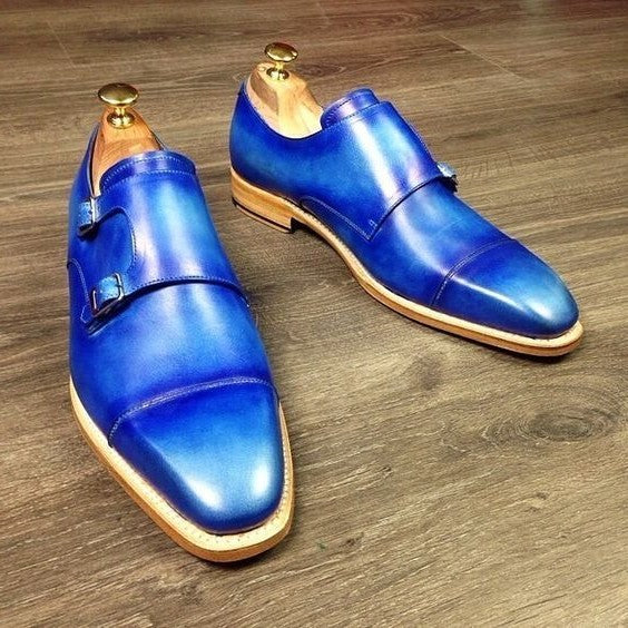 Men's Genuine Blue Leather Double Monk Shoes