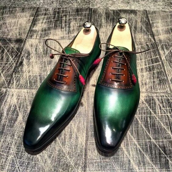 Men's Green & Brown Patina Leather Oxford Shoes