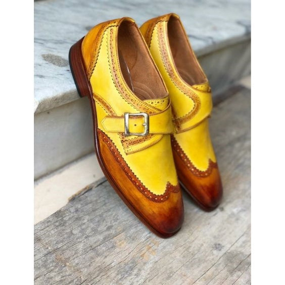 Handmade Men's Brown & Yellow Leather Monk Buckle Shoes