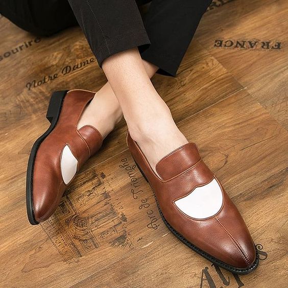 Men's Brown & White Leather Penny Loafers