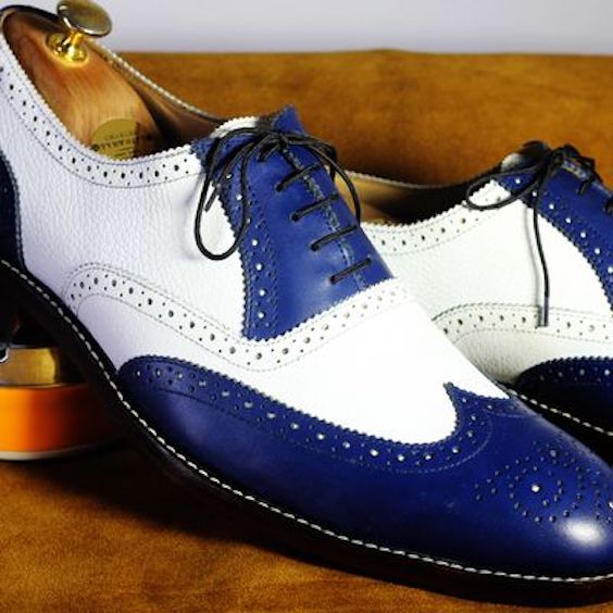 Men's Blue & White Leather Wingtip Brogue Oxford Shoes