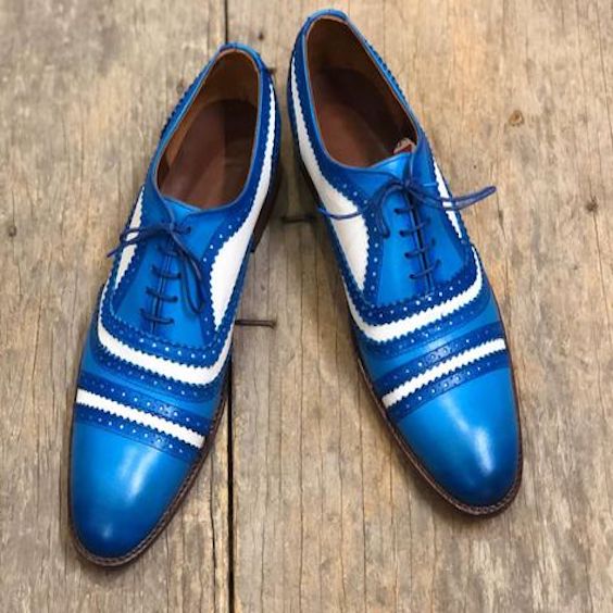Men's Blue & White Leather Cap Toe Spectator Shoes